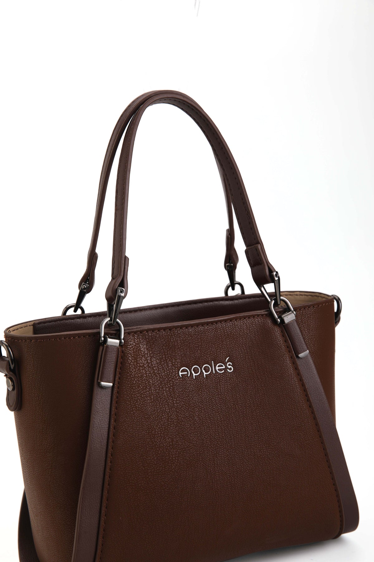 Veyra coffee trapeze handbag with detachable shoulder strap by Apples UAE